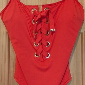 Michael Kors Lace-Up One-Piece Swimsuit Sea Coral 14